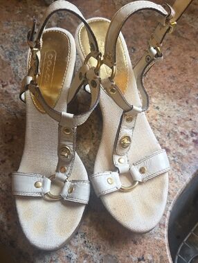 Coach Ivory Canvas & Leather T-Strap Sandals with Gold Hardware